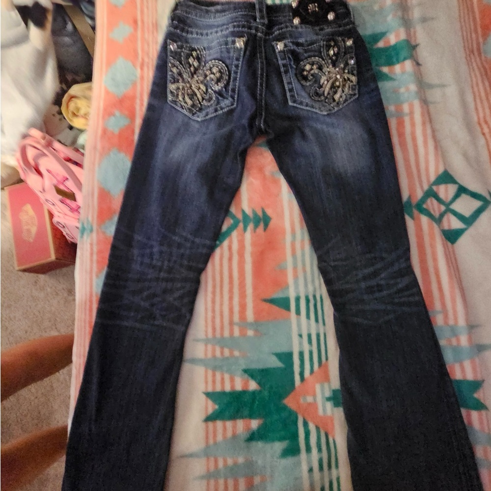 Miss Me Dark Blue Boot Cut Jeans with Silver Embellishments